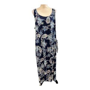 Robbie Bee Dress 3X Blue Textured Floral Paisley‎ Jersey Knit Maxi Waist Tie